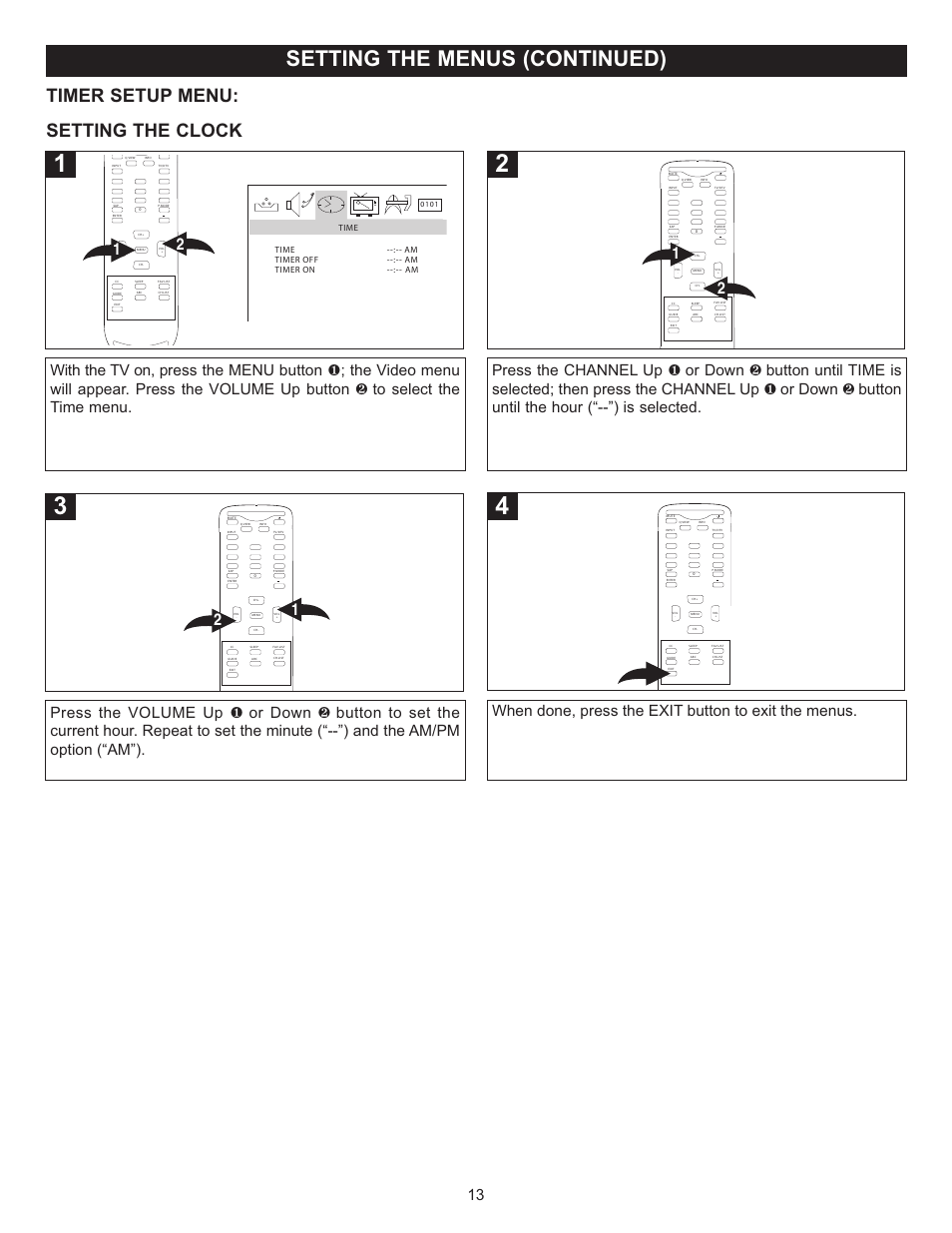Setting the menus (continued), Timer setup menu, Setting the clock | When done, press the exit button to exit the menus | Memorex MT2025D User Manual | Page 14 / 76