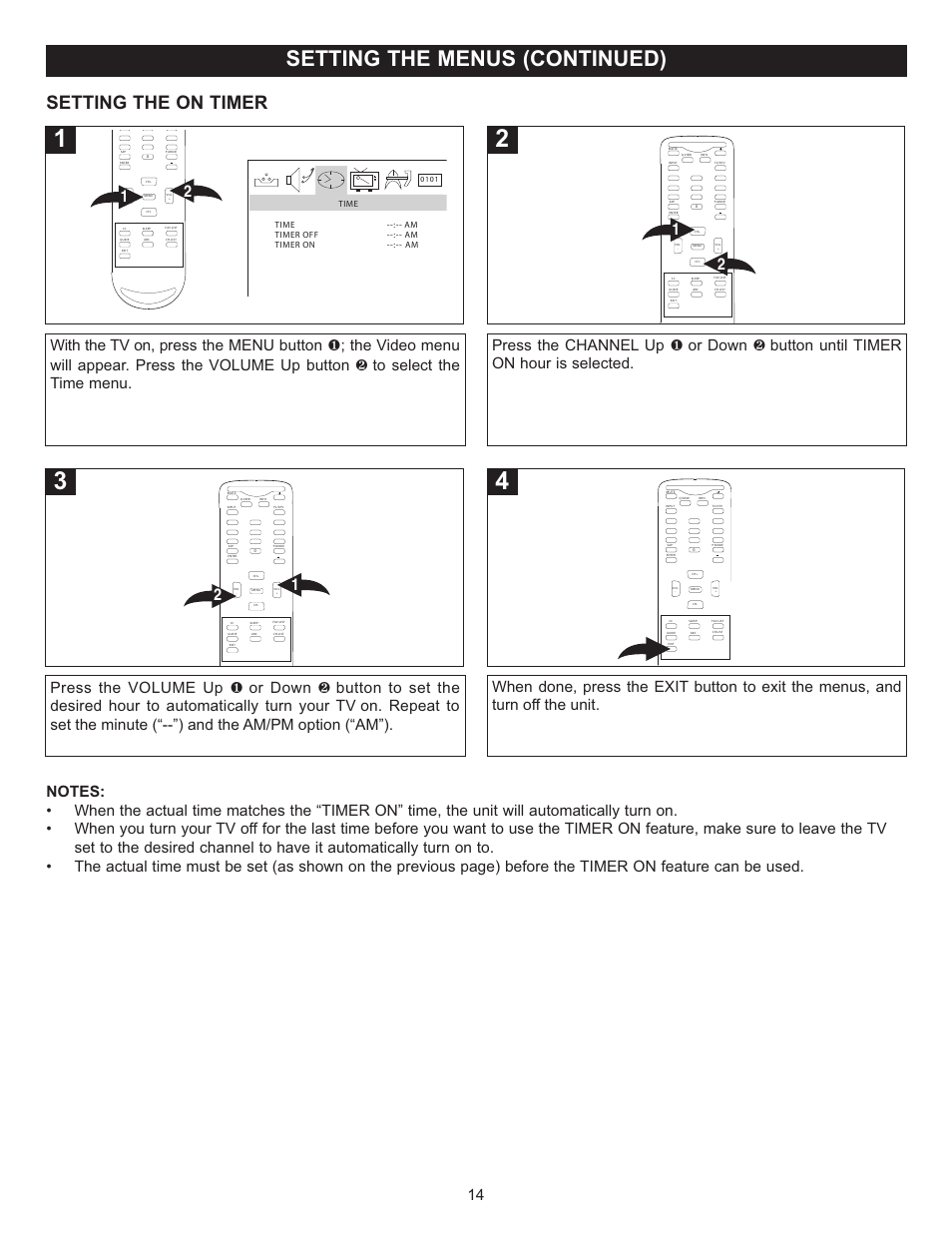 Setting the menus (continued), Setting the on timer | Memorex MT2025D User Manual | Page 15 / 76