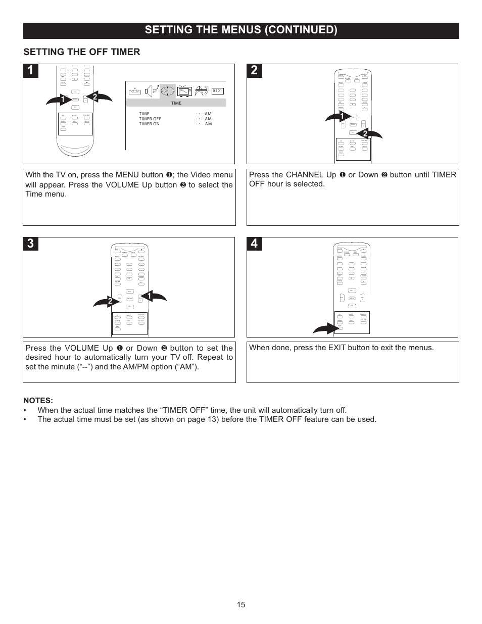 Setting the menus (continued), Setting the off timer, When done, press the exit button to exit the menus | Memorex MT2025D User Manual | Page 16 / 76