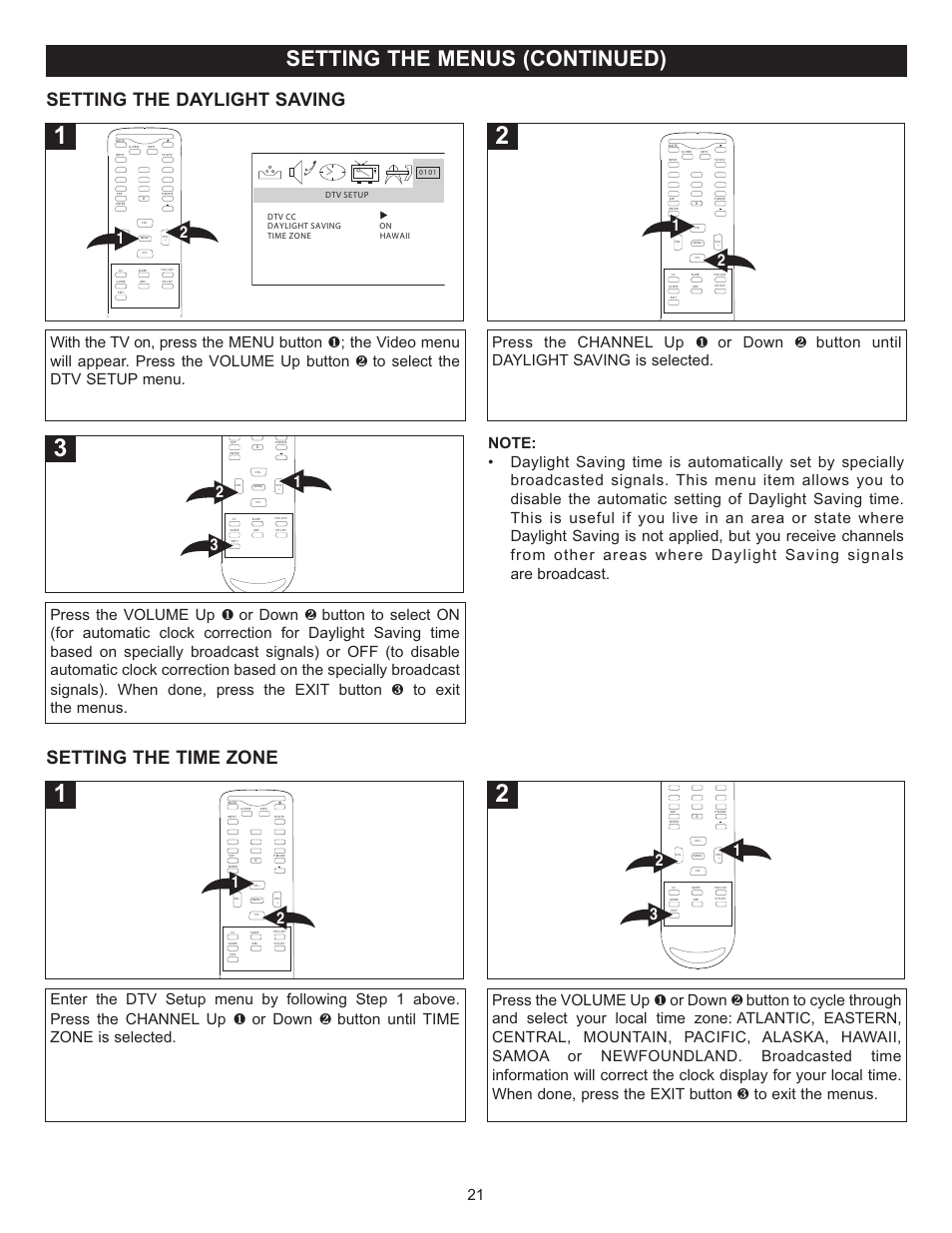 Setting the menus (continued), Setting the daylight saving, Setting the time zone | Memorex MT2025D User Manual | Page 22 / 76