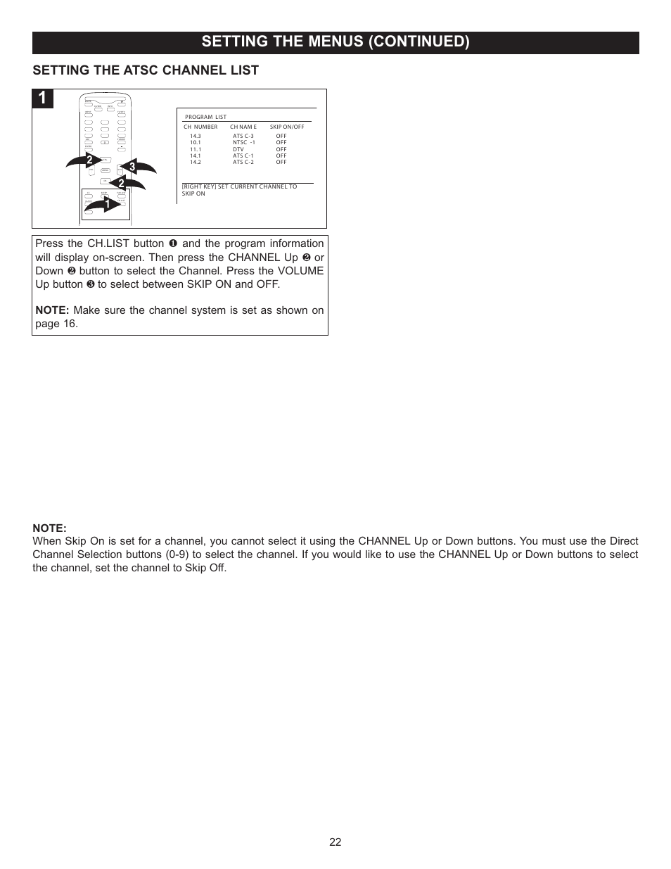 Setting the menus (continued), Setting the atsc channel list | Memorex MT2025D User Manual | Page 23 / 76