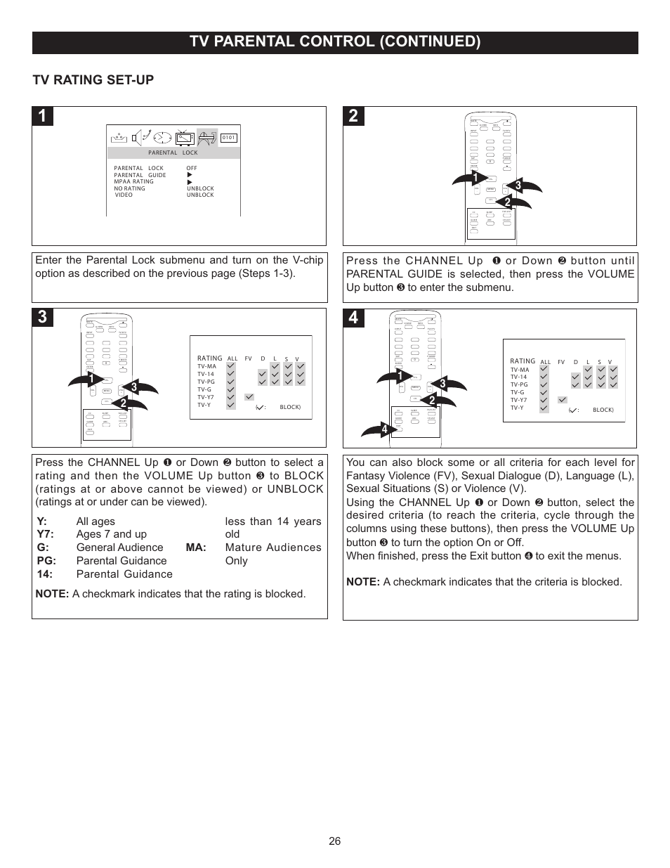 Tv parental control (continued), Tv rating set-up | Memorex MT2025D User Manual | Page 27 / 76