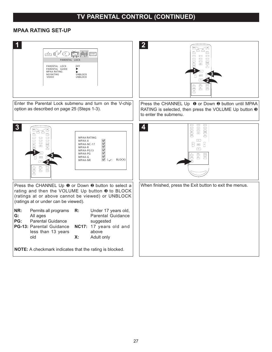 Tv parental control (continued), Mpaa rating set-up | Memorex MT2025D User Manual | Page 28 / 76