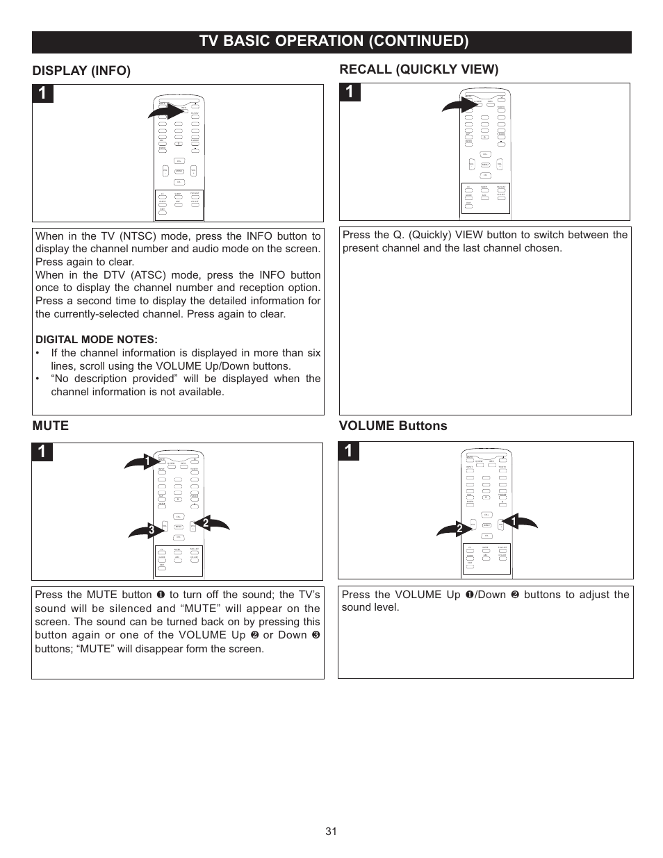 Tv basic operation (continued), Mute, Display (info) | Recall (quickly view), Volume buttons | Memorex MT2025D User Manual | Page 32 / 76