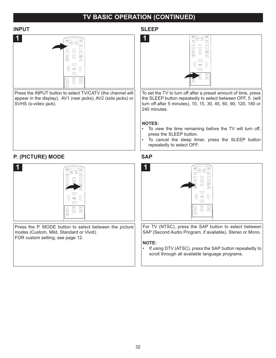 Tv basic operation (continued), Input, Sleep | P. (picture) mode | Memorex MT2025D User Manual | Page 33 / 76