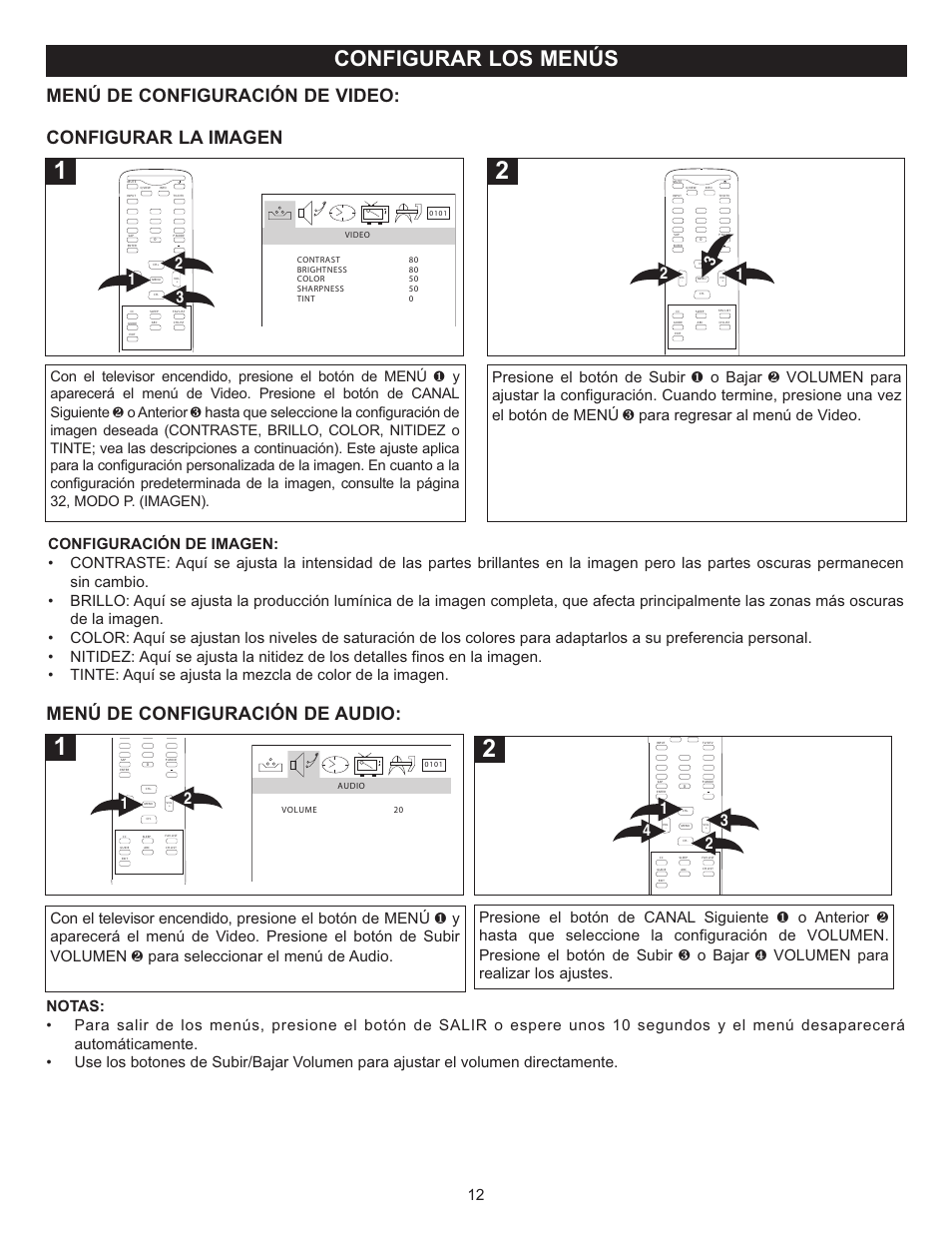 Configurar los menús, Menú de configuración de video, Menú de configuración de audio | Configurar la imagen | Memorex MT2025D User Manual | Page 50 / 76