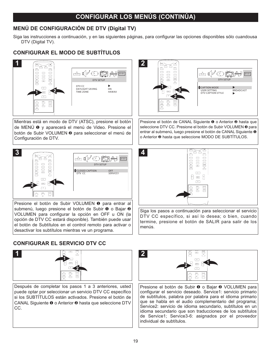 Configurar los menús (continúa), Configurar el modo de subtítulos, Menú de configuración de dtv (digital tv) | Configurar el servicio dtv cc | Memorex MT2025D User Manual | Page 57 / 76