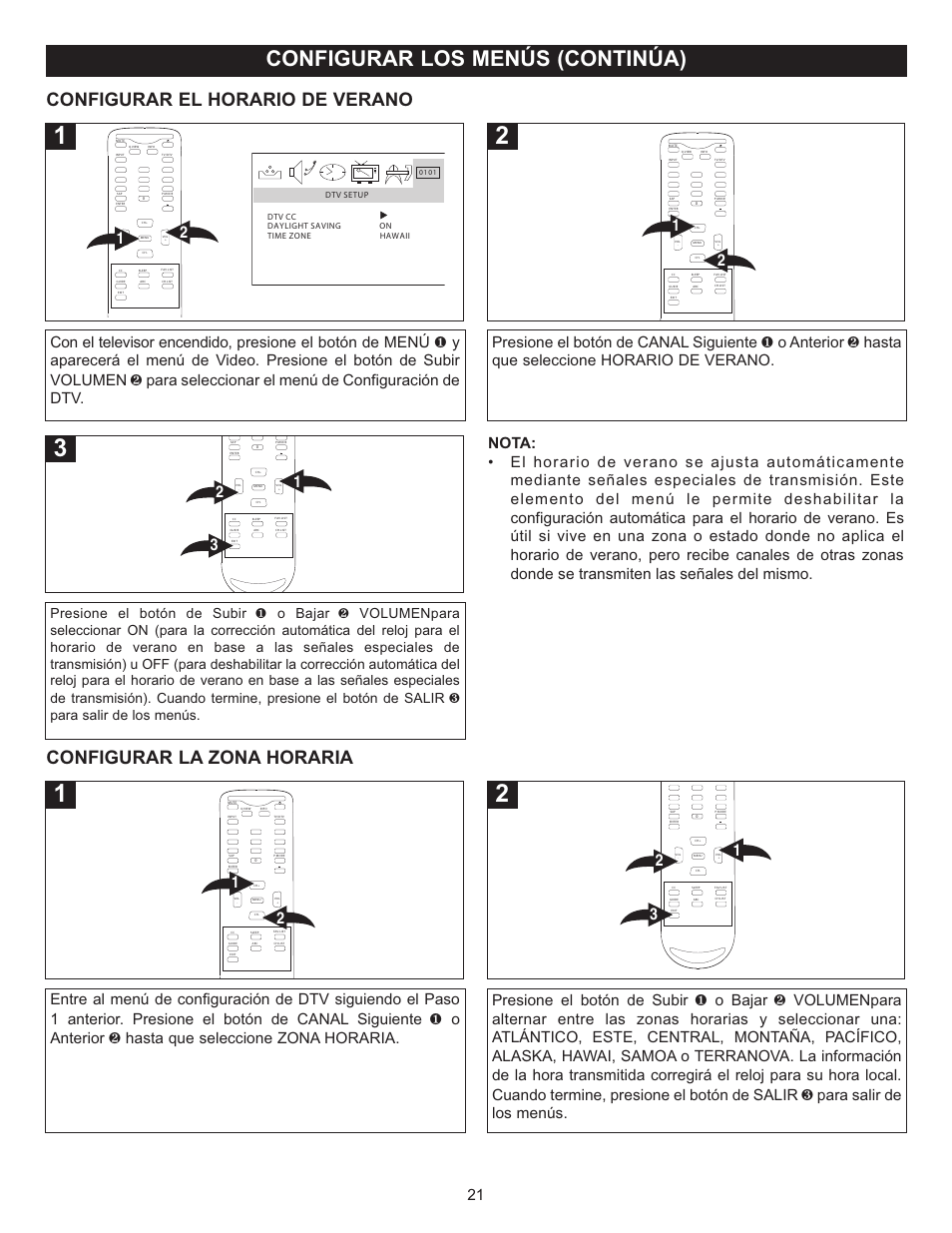 Configurar los menús (continúa), Configurar el horario de verano, Configurar la zona horaria | Memorex MT2025D User Manual | Page 59 / 76