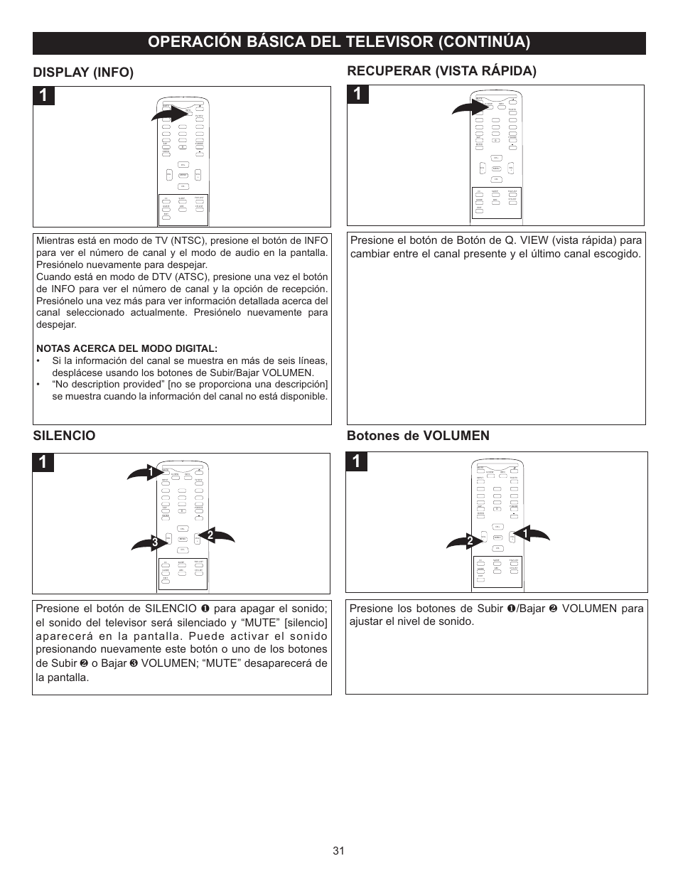 Operación básica del televisor (continúa), Silencio, Display (info) | Recuperar (vista rápida), Botones de volumen | Memorex MT2025D User Manual | Page 69 / 76