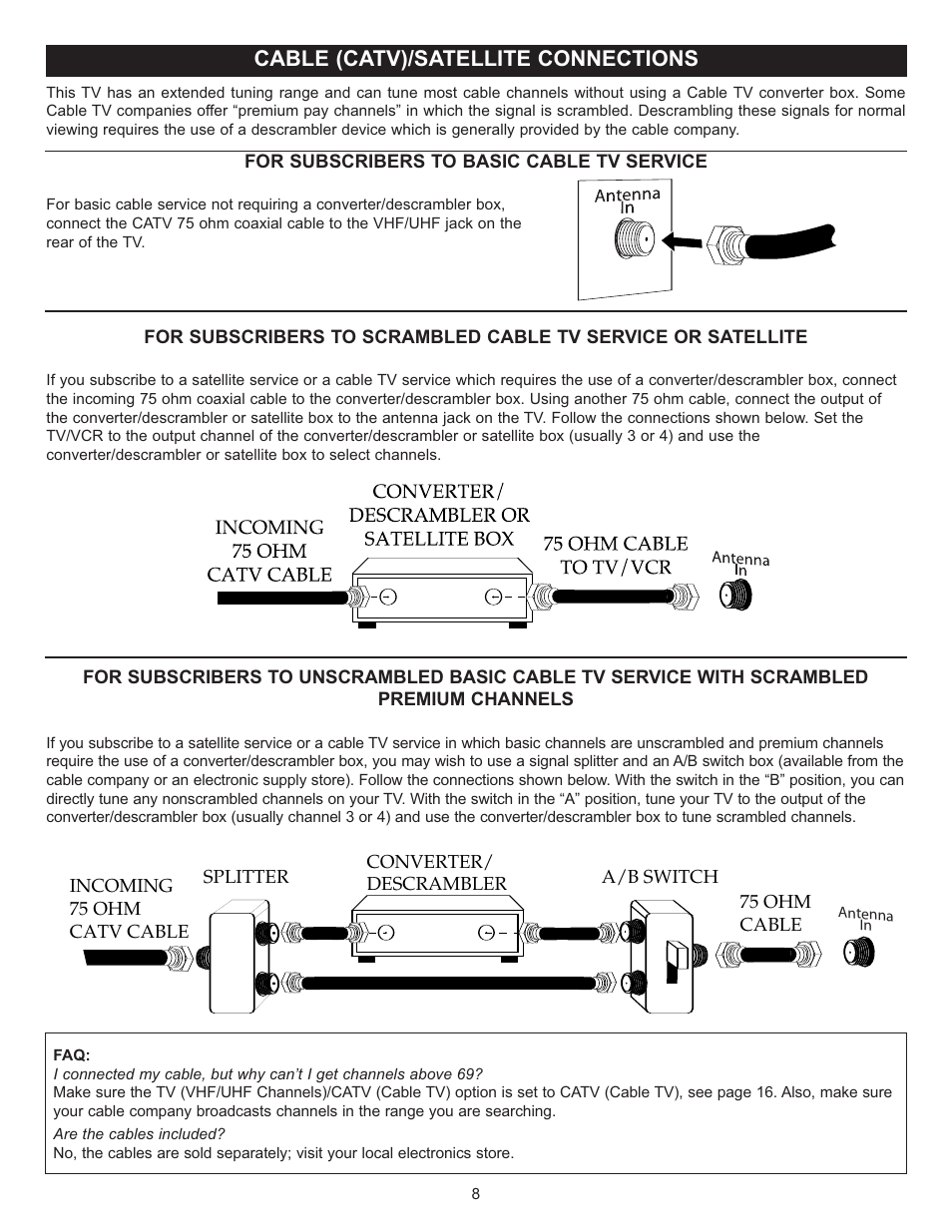 Cable (catv)/satellite connections | Memorex MT2025D User Manual | Page 9 / 76