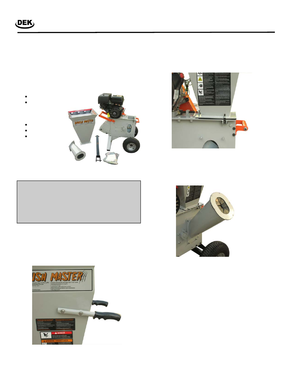 Assembly, Remove the chipper from its carton, Verify all parts are in the chipper carton | Disconnect the spark plug wire, Attach the chipper funnel, Attach the side chipper chute, Attach the chip collection bag, Attach the trailer hitch, Re-connect the spark plug wire | Memorex Brush Master Chipper/Shredder with 2-way feed CH2 User Manual | Page 10 / 17