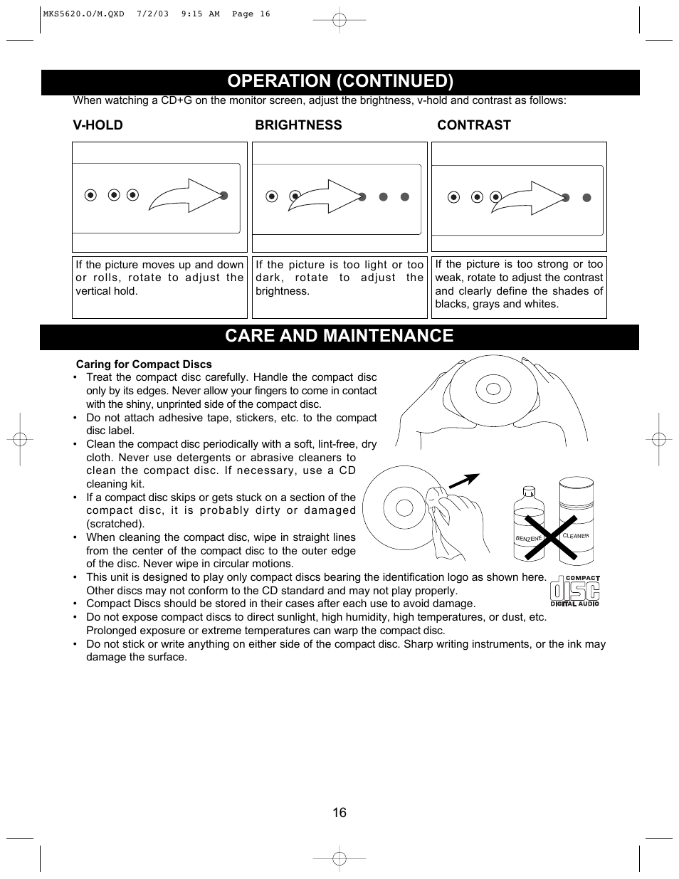 Operation (continued), Care and maintenance | Memorex MKS5620 User Manual | Page 17 / 21