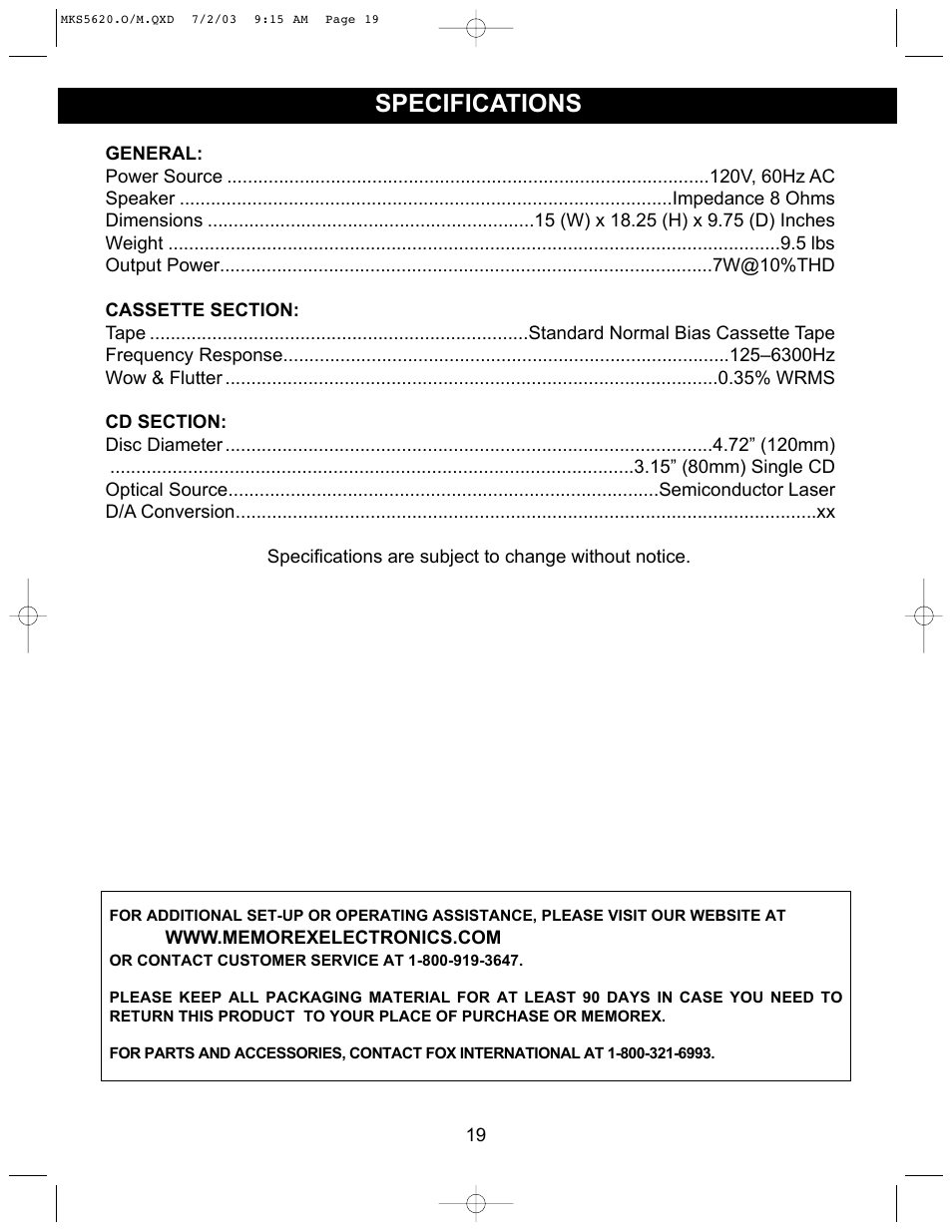 Specifications | Memorex MKS5620 User Manual | Page 20 / 21