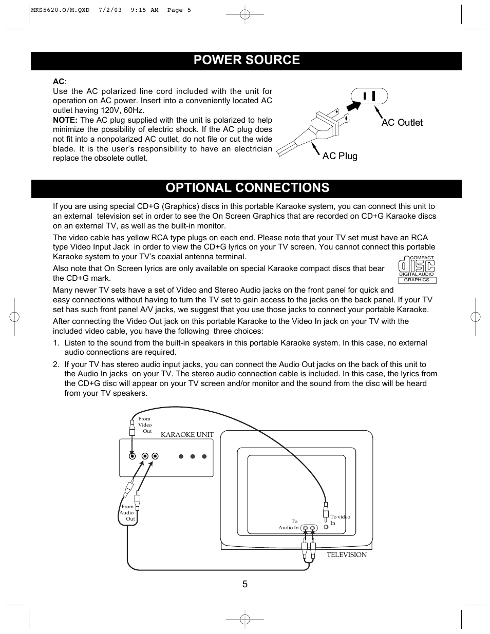 Power source optional connections, Ac plug ac outlet | Memorex MKS5620 User Manual | Page 6 / 21