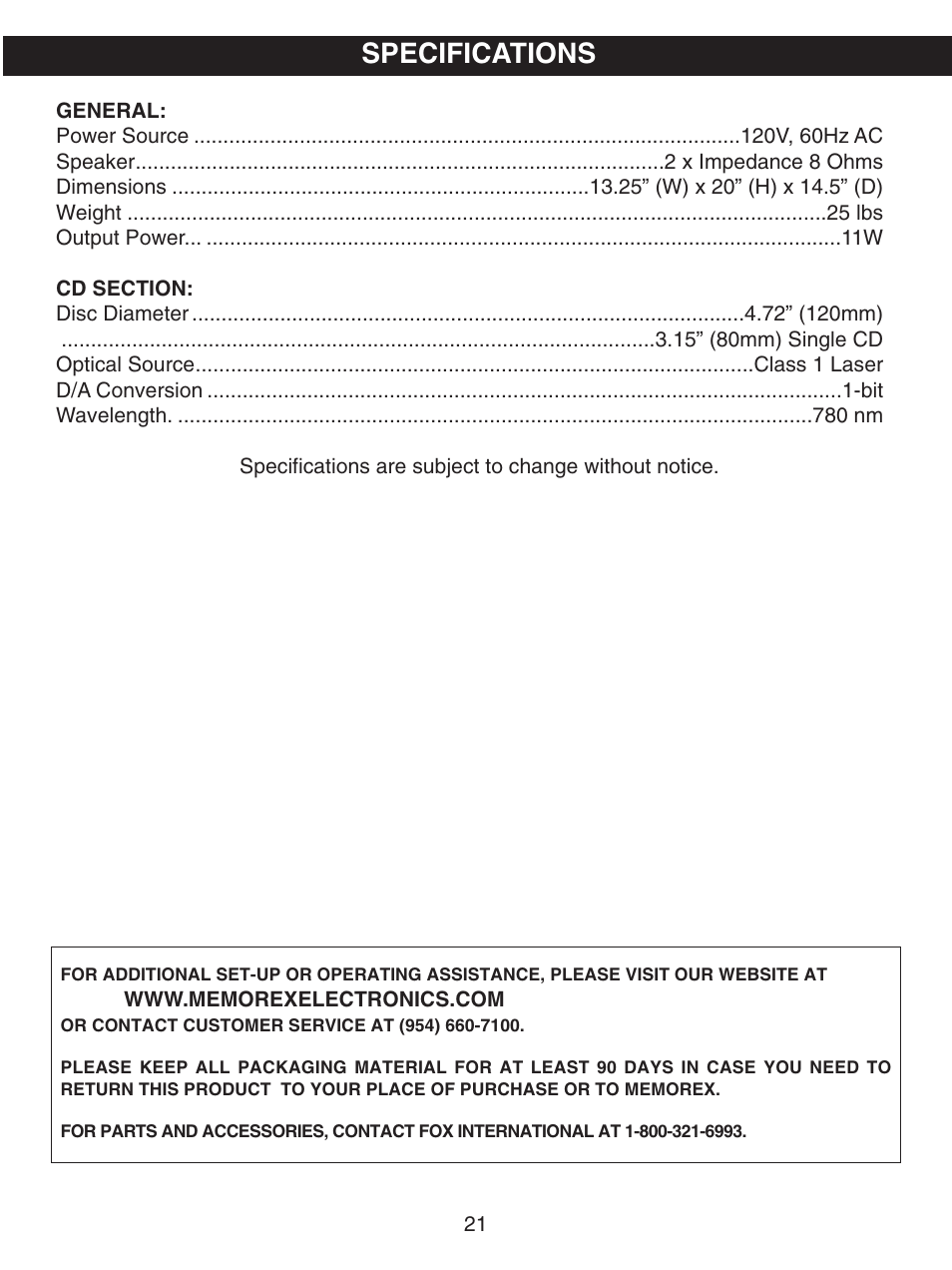 Specifications | Memorex MKS8730 User Manual | Page 22 / 23