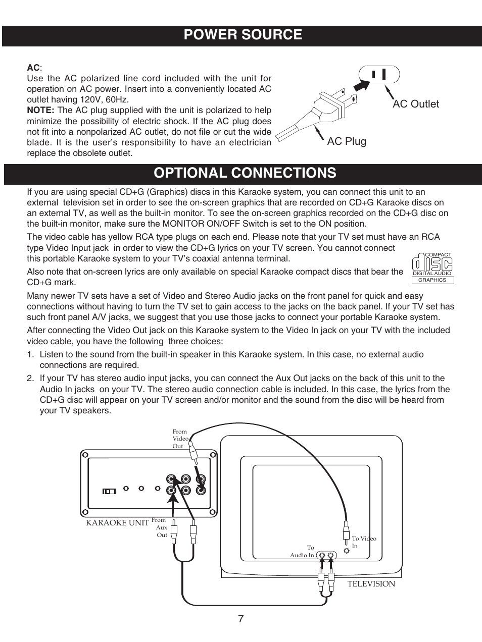 Power source optional connections, Ac plug ac outlet | Memorex MKS8730 User Manual | Page 8 / 23