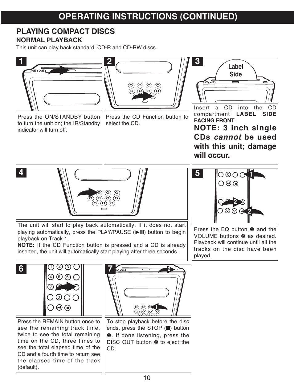 Operating instructions (continued), Cannot, Be used with this unit; damage will occur | Playing compact discs | Memorex MX7300 User Manual | Page 11 / 20