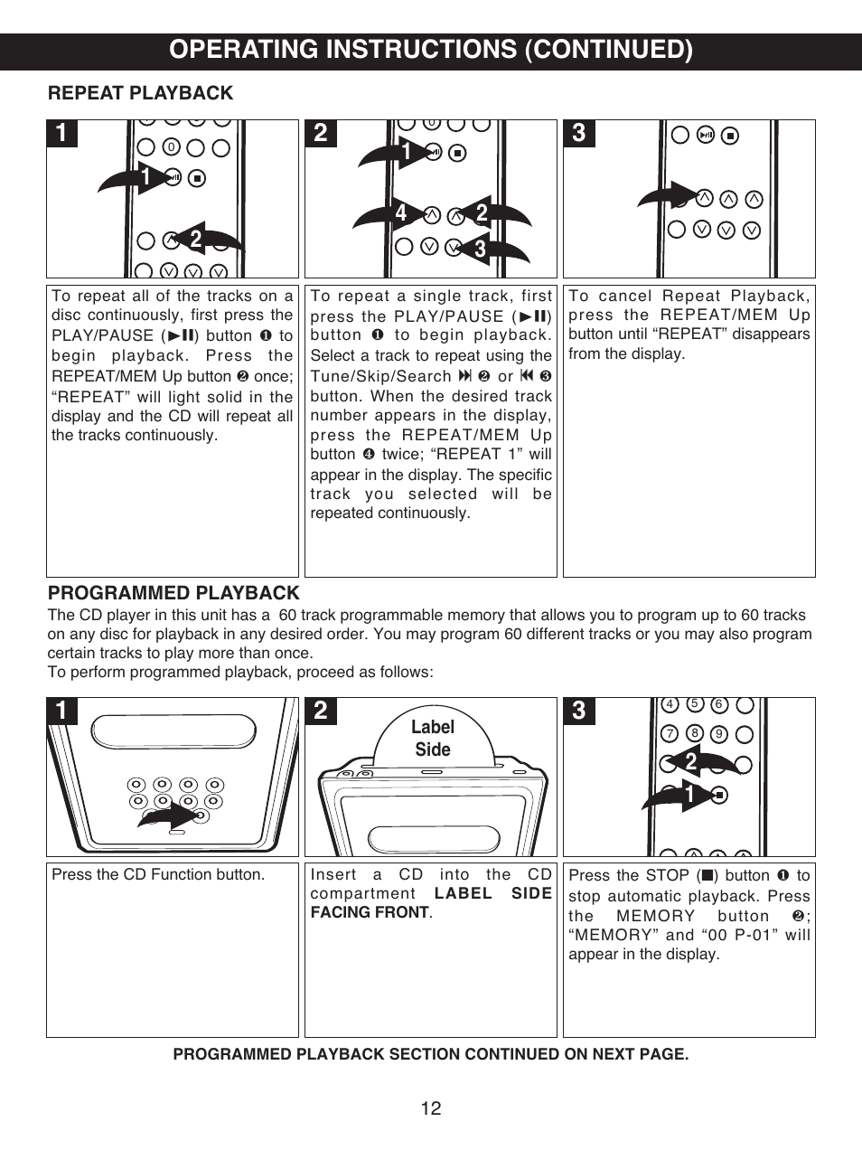 Operating instructions (continued), Repeat playback, Programmed playback | Memorex MX7300 User Manual | Page 13 / 20