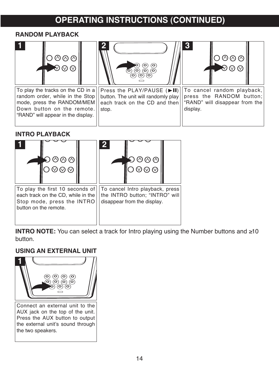 Operating instructions (continued), Random playback intro playback, Using an external unit | Memorex MX7300 User Manual | Page 15 / 20