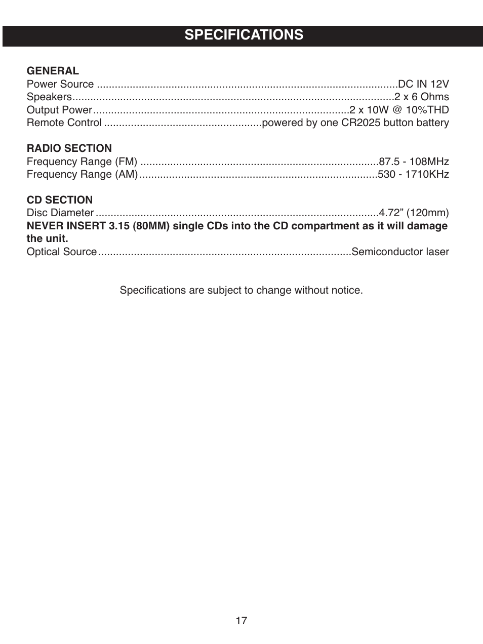 Specifications | Memorex MX7300 User Manual | Page 18 / 20