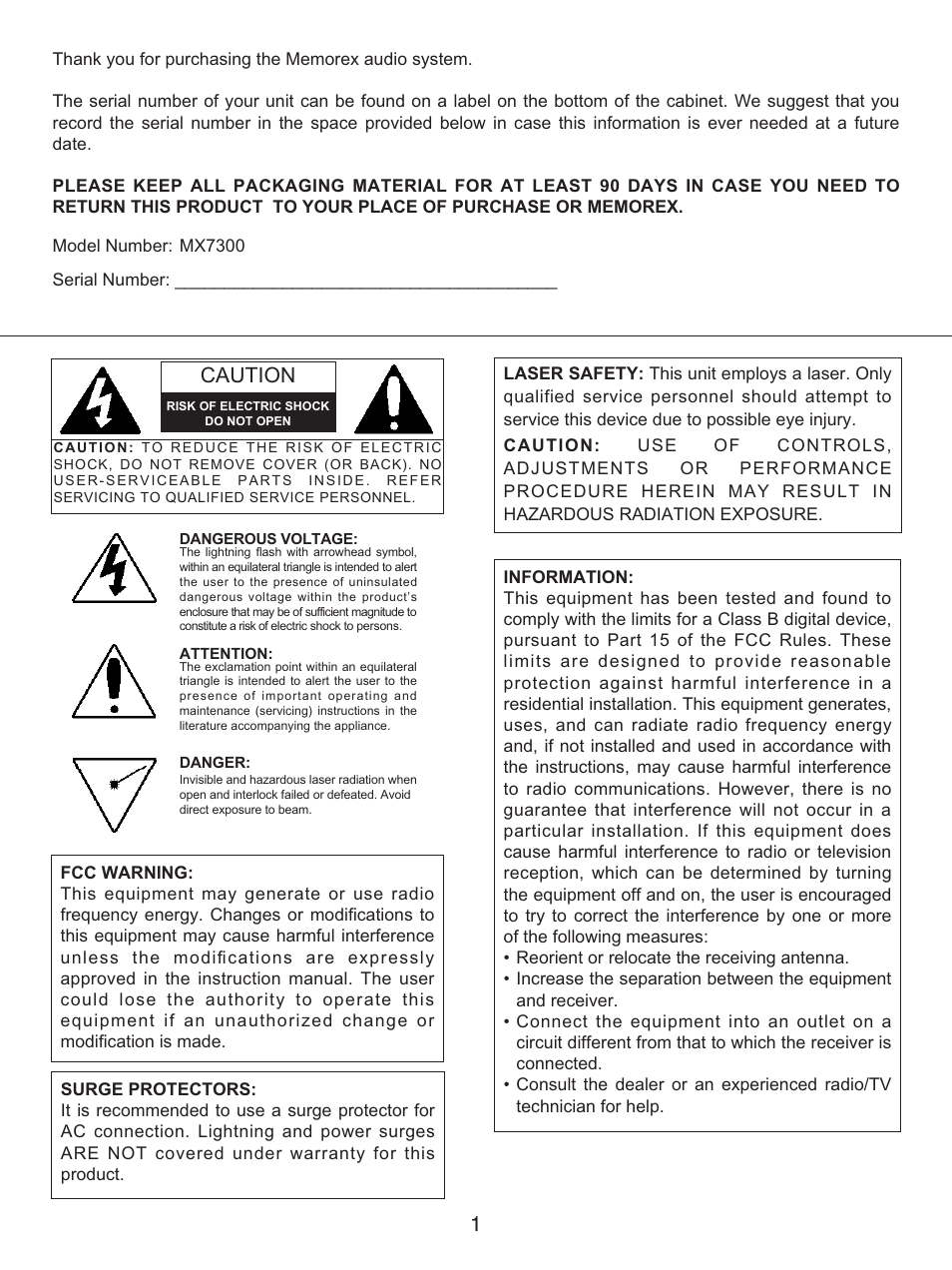 Caution | Memorex MX7300 User Manual | Page 2 / 20