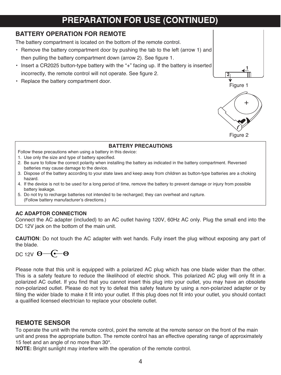 Preparation for use (continued), Battery operation for remote, Remote sensor | Memorex MX7300 User Manual | Page 5 / 20