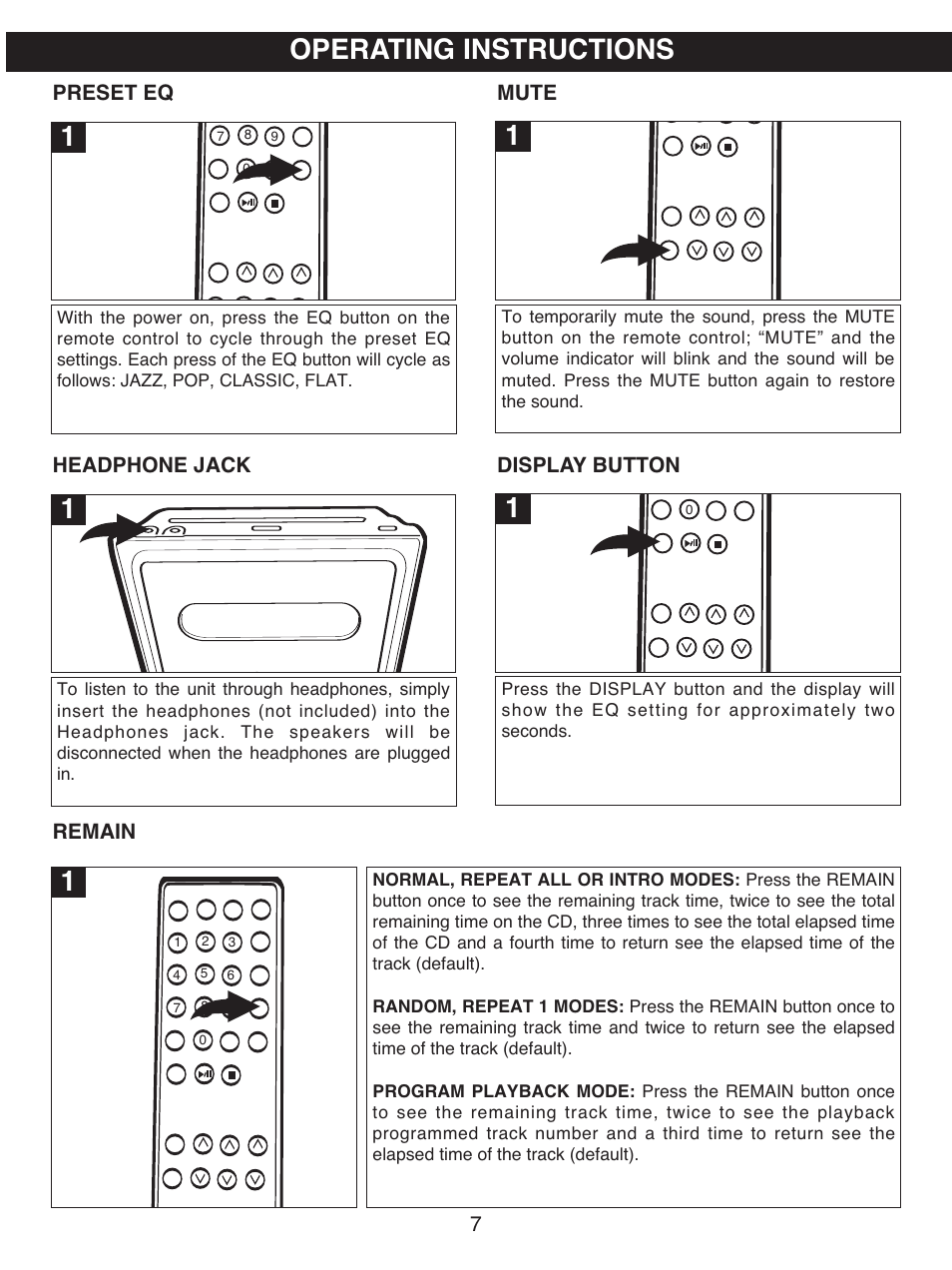 Operating instructions, Preset eq, Mute | Headphone jack, Remain, Display button | Memorex MX7300 User Manual | Page 8 / 20