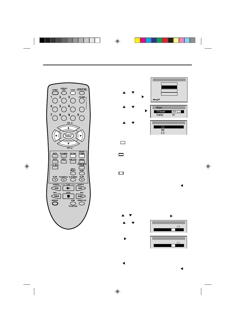 Setting the aspect ratio of tv screen, Status on screen display | Memorex MVD2019 User Manual | Page 34 / 90