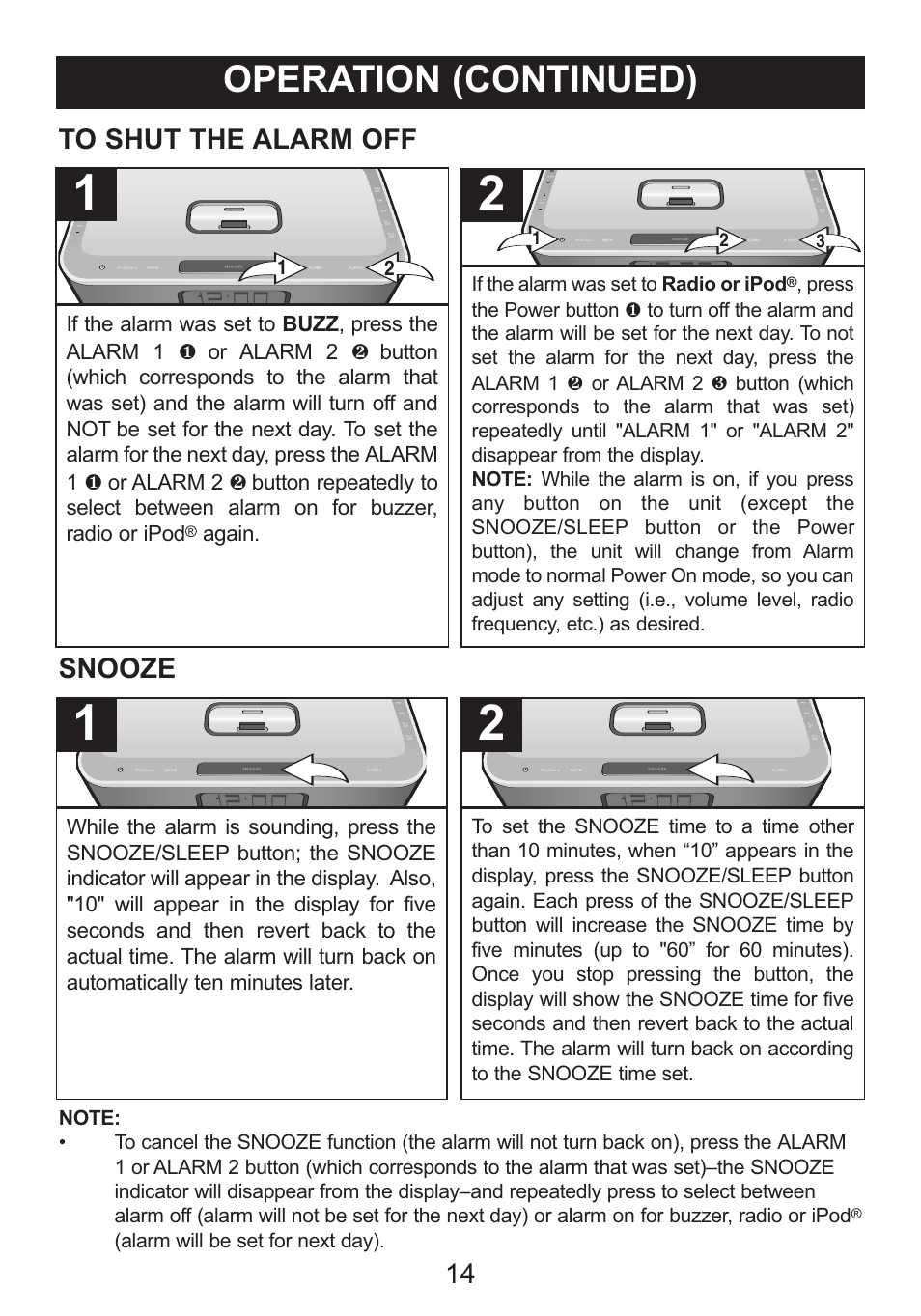 Operation (continued), Snooze | Memorex iWake Mi4004 User Manual | Page 15 / 42