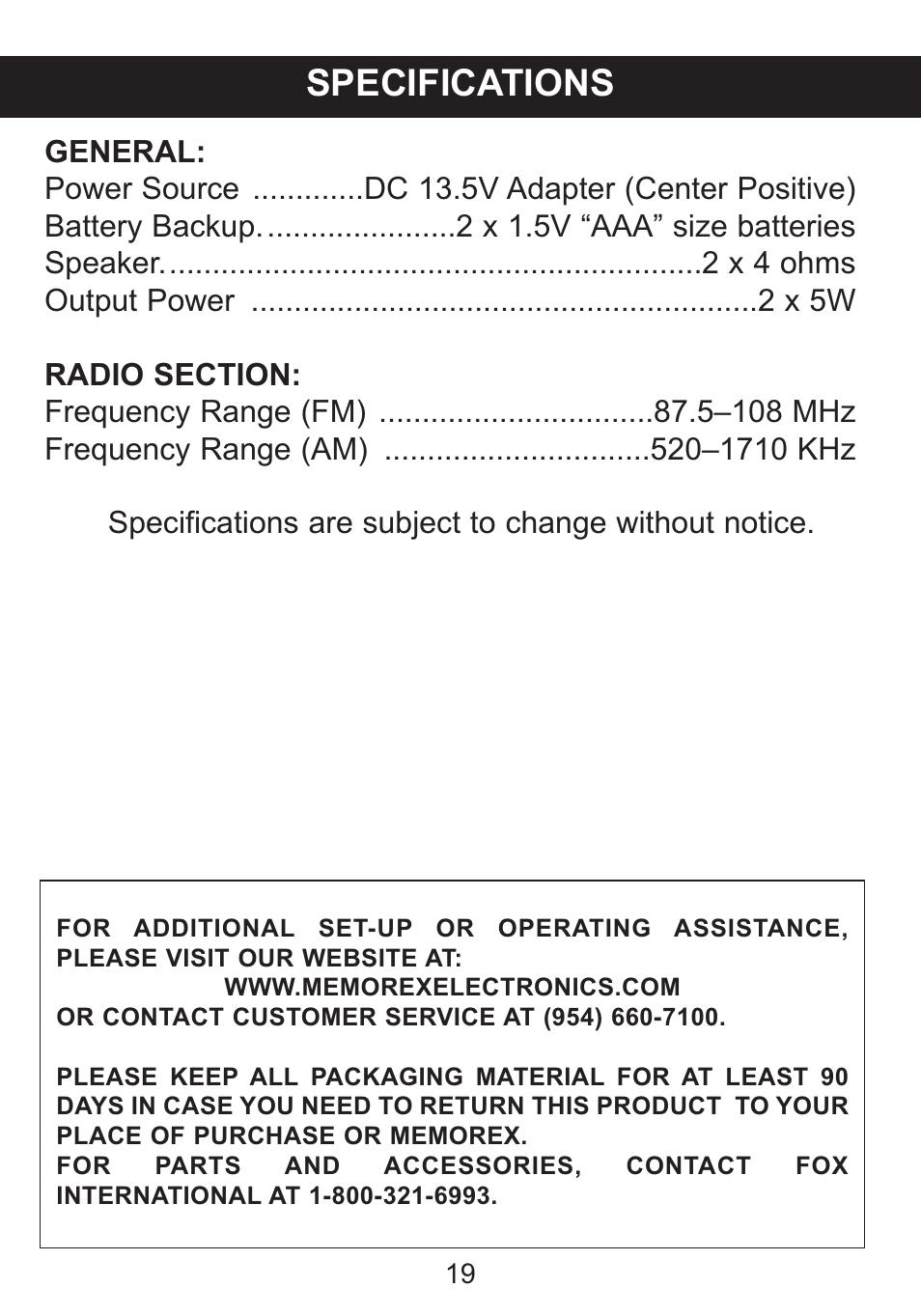Specifications | Memorex iWake Mi4004 User Manual | Page 20 / 42