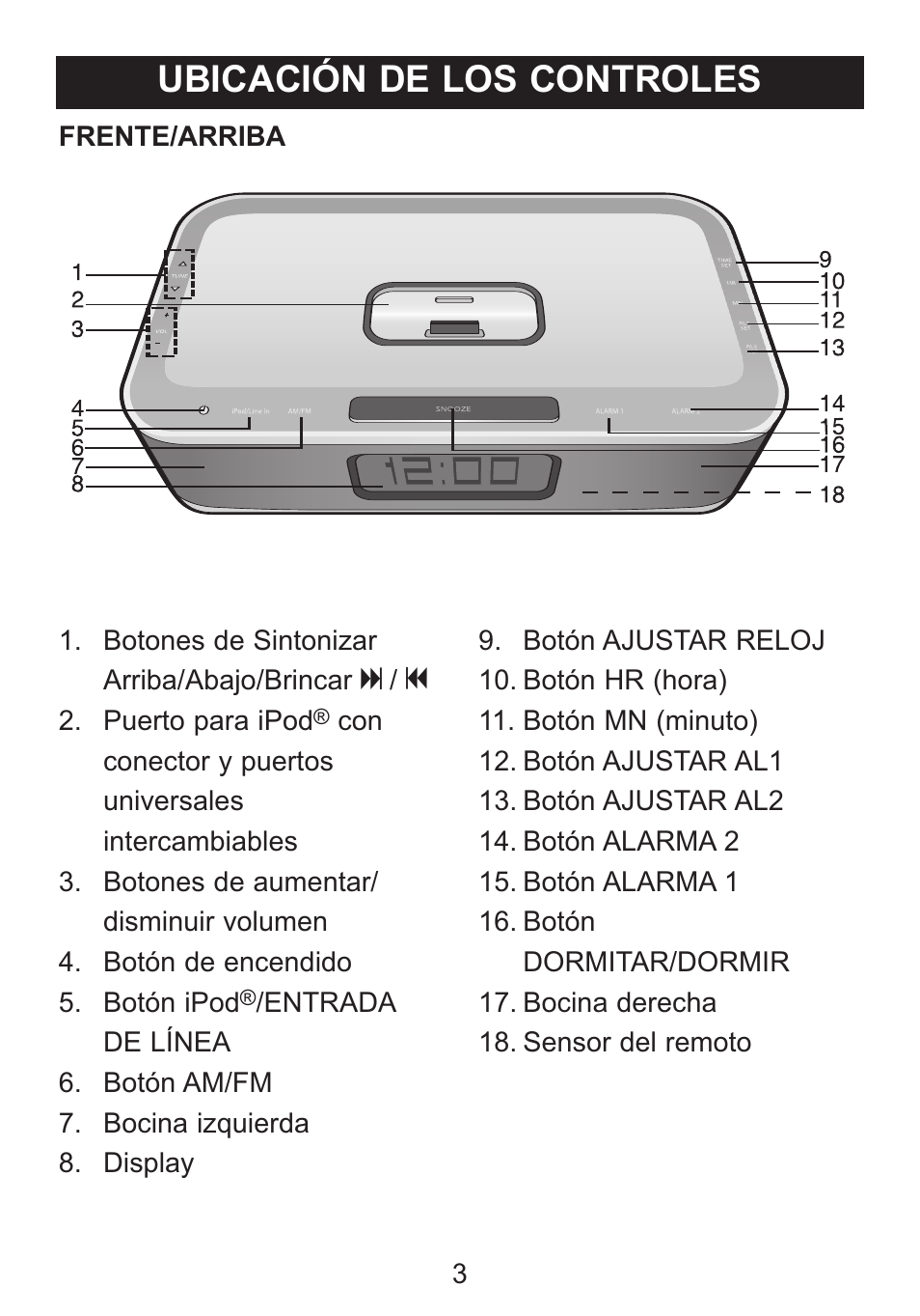 Ubicación de los controles | Memorex iWake Mi4004 User Manual | Page 25 / 42