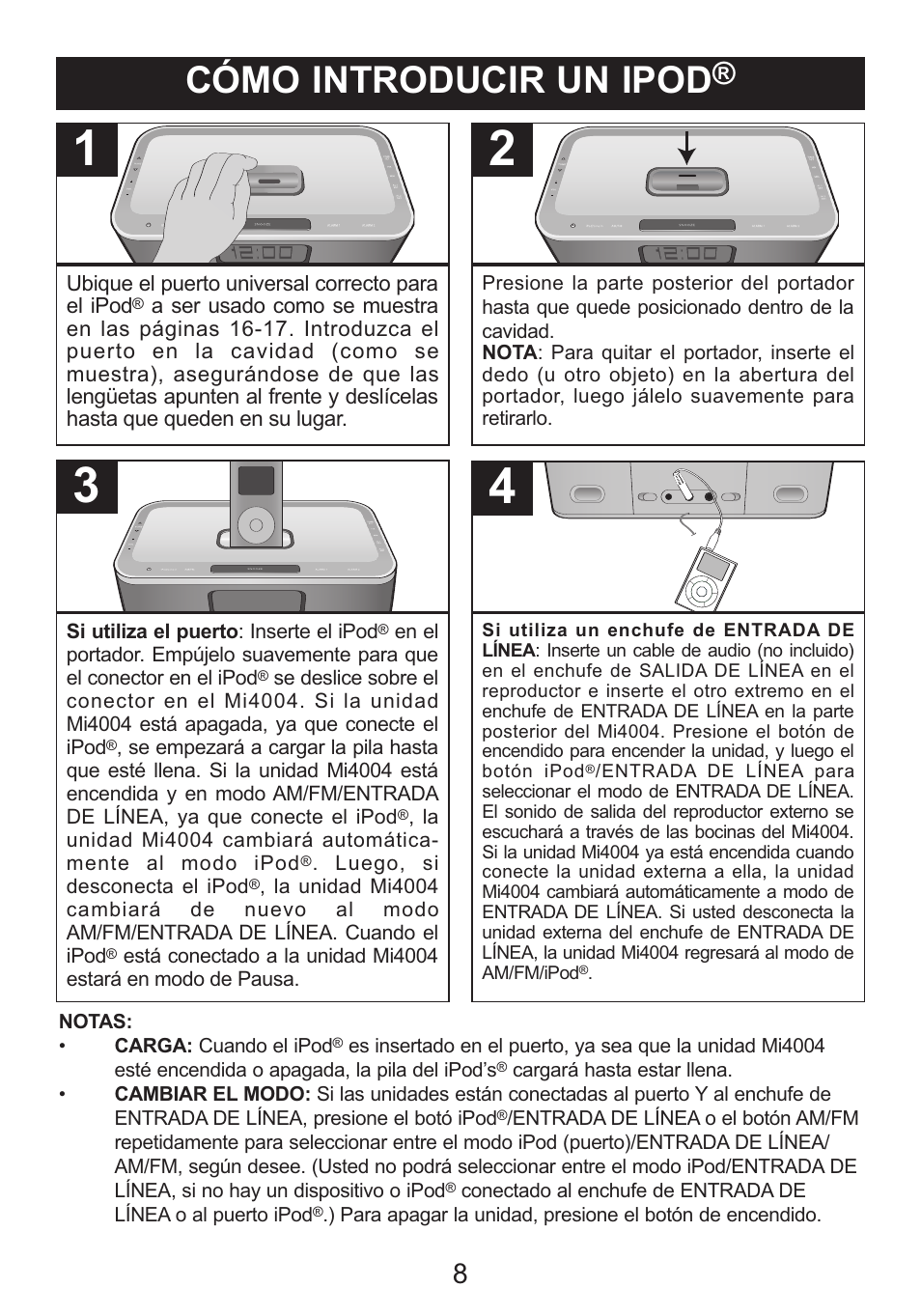 Cómo introducir un ipod | Memorex iWake Mi4004 User Manual | Page 30 / 42