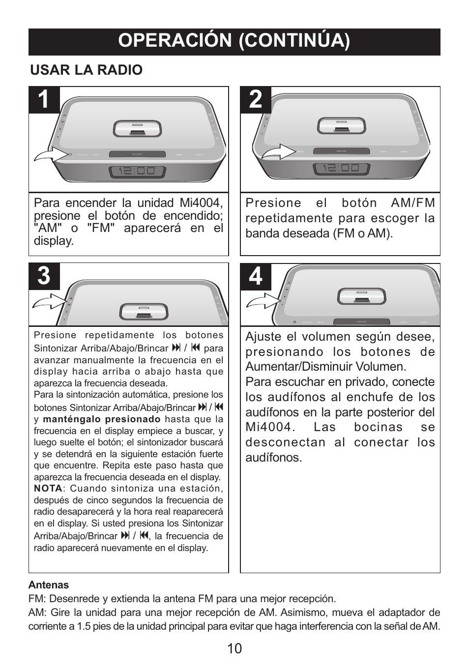 Operación (continúa), Usar la radio | Memorex iWake Mi4004 User Manual | Page 32 / 42