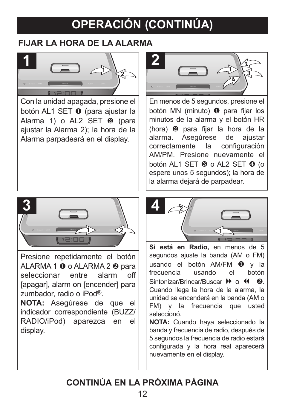 Operación (continúa) | Memorex iWake Mi4004 User Manual | Page 34 / 42