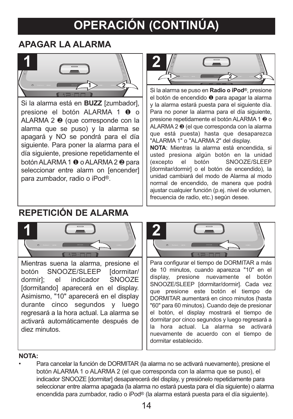 Operación (continúa), Apagar la alarma, Repetición de alarma | Memorex iWake Mi4004 User Manual | Page 36 / 42