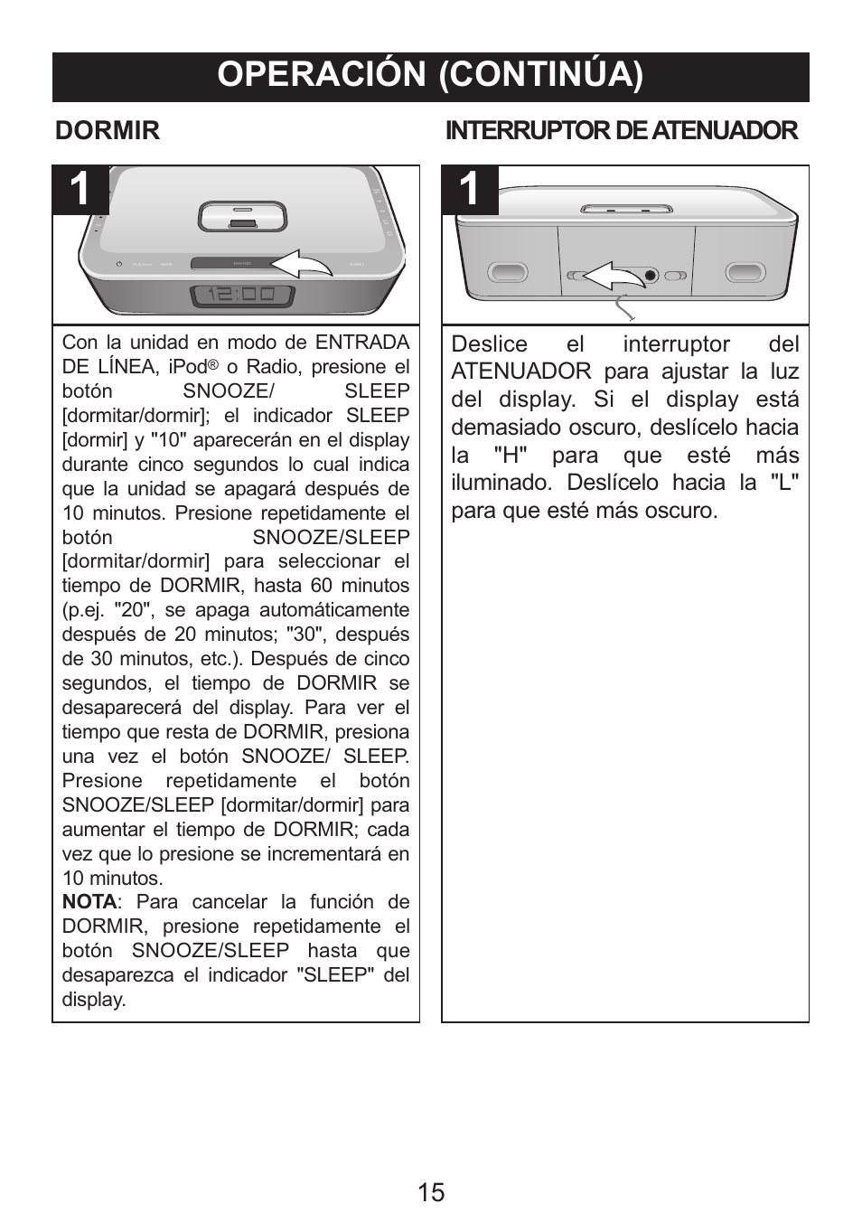 Operación (continúa), Dormir interruptor de atenuador | Memorex iWake Mi4004 User Manual | Page 37 / 42