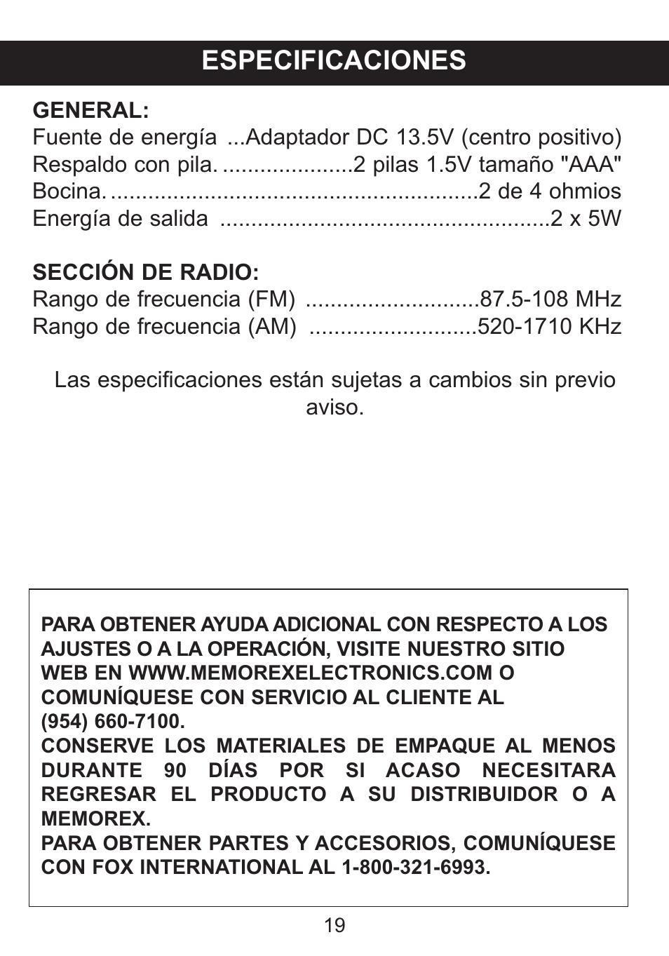 Especificaciones | Memorex iWake Mi4004 User Manual | Page 41 / 42