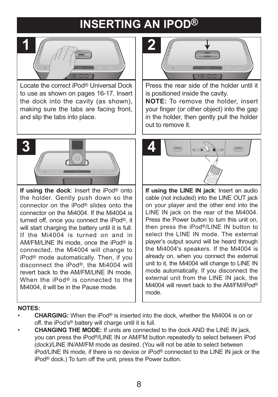 Inserting an ipod | Memorex iWake Mi4004 User Manual | Page 9 / 42