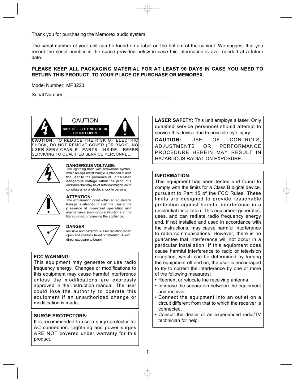 Caution | Memorex MP3223 User Manual | Page 2 / 16