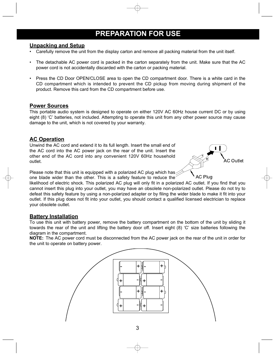 Preparation for use | Memorex MP3223 User Manual | Page 4 / 16