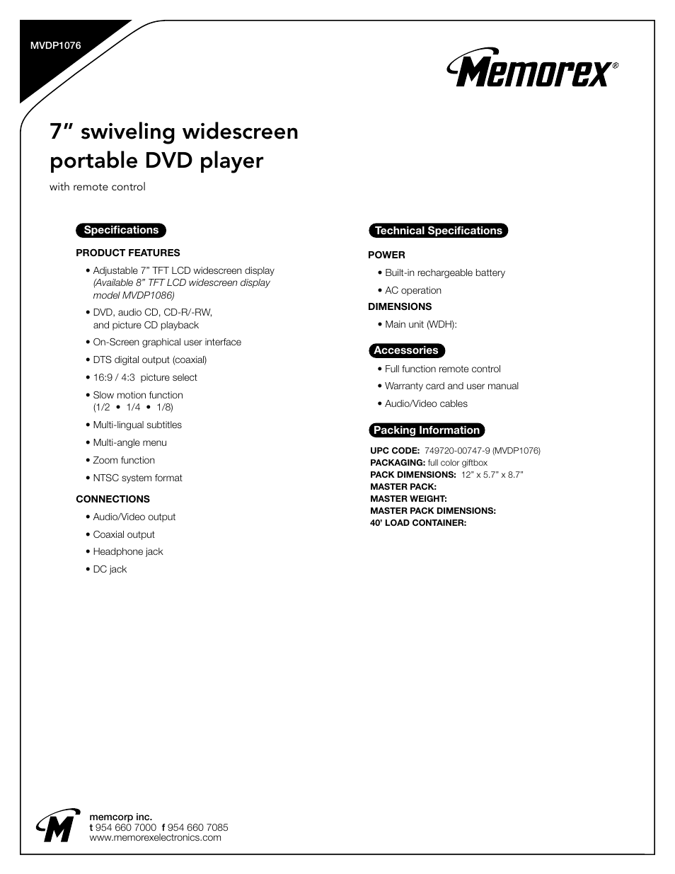 7” swiveling widescreen portable dvd player | Memorex MVDP1086 User Manual | Page 2 / 2