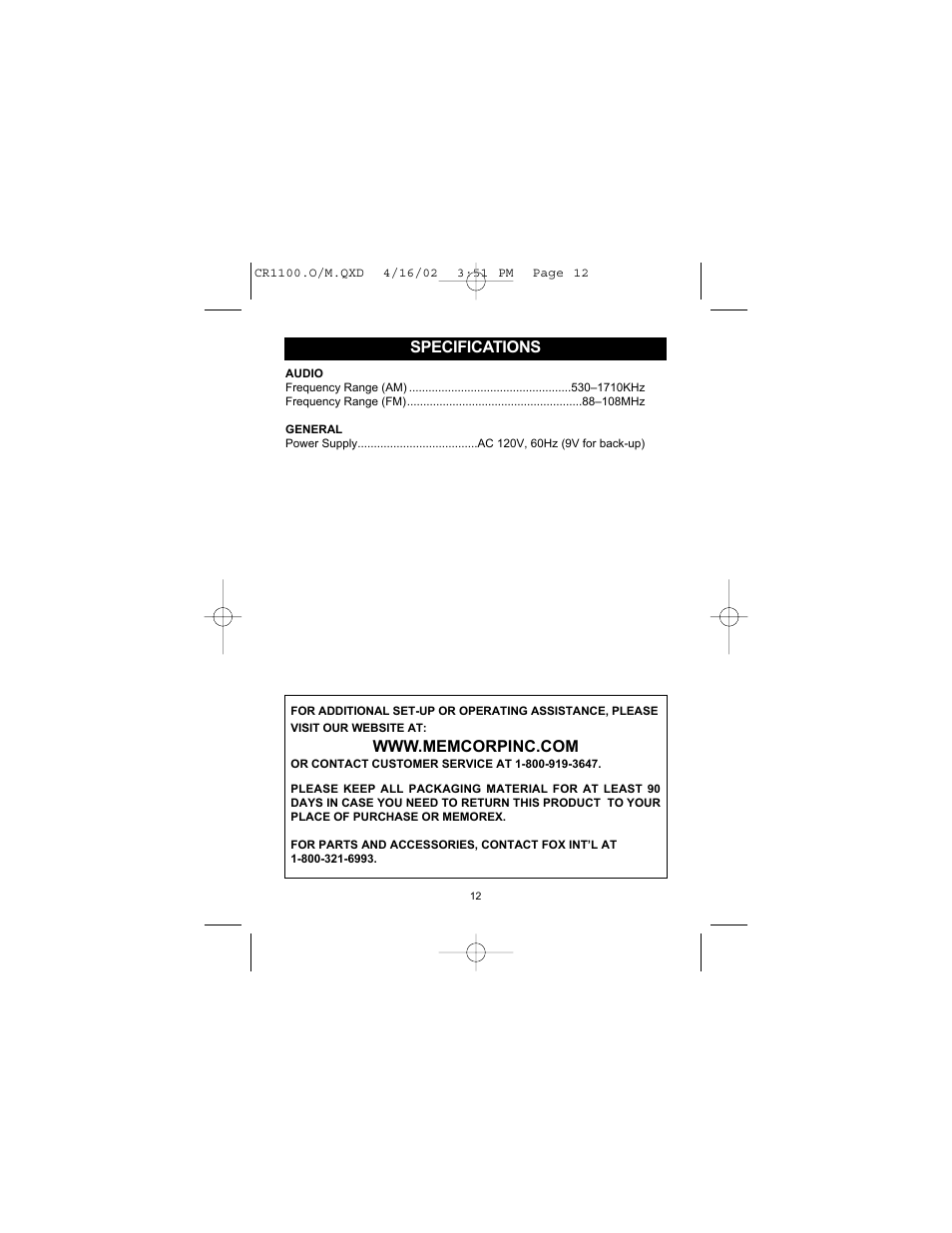 Specifications | Memorex MSP-CR1100 User Manual | Page 13 / 14
