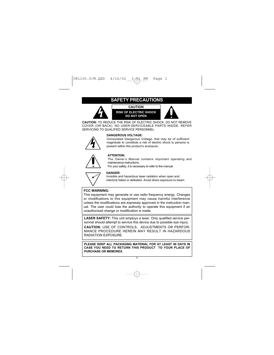 Safety precautions | Memorex MSP-CR1100 User Manual | Page 2 / 14