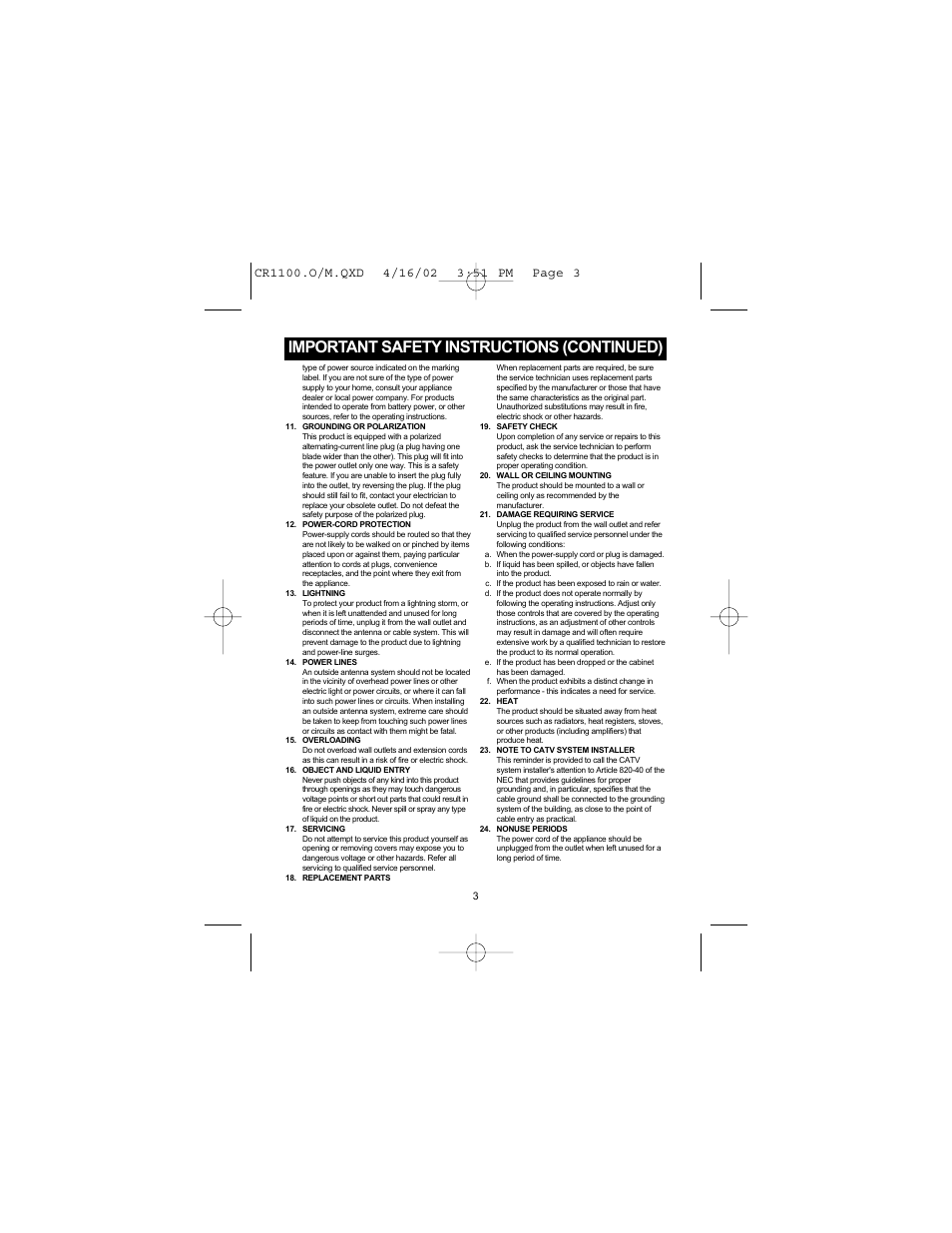 Important safety instructions (continued) | Memorex MSP-CR1100 User Manual | Page 4 / 14