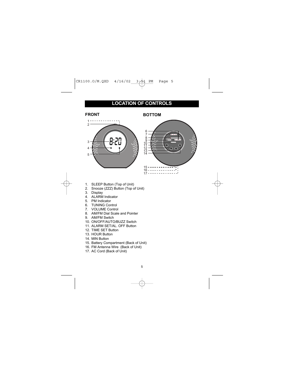 Location of controls | Memorex MSP-CR1100 User Manual | Page 6 / 14