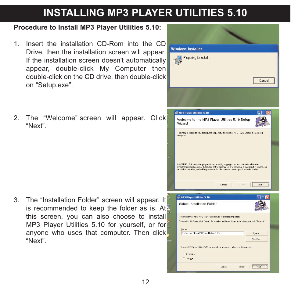 Installing mp3 player utilities 5.10 | Memorex MMP8568-SPT User Manual | Page 13 / 92