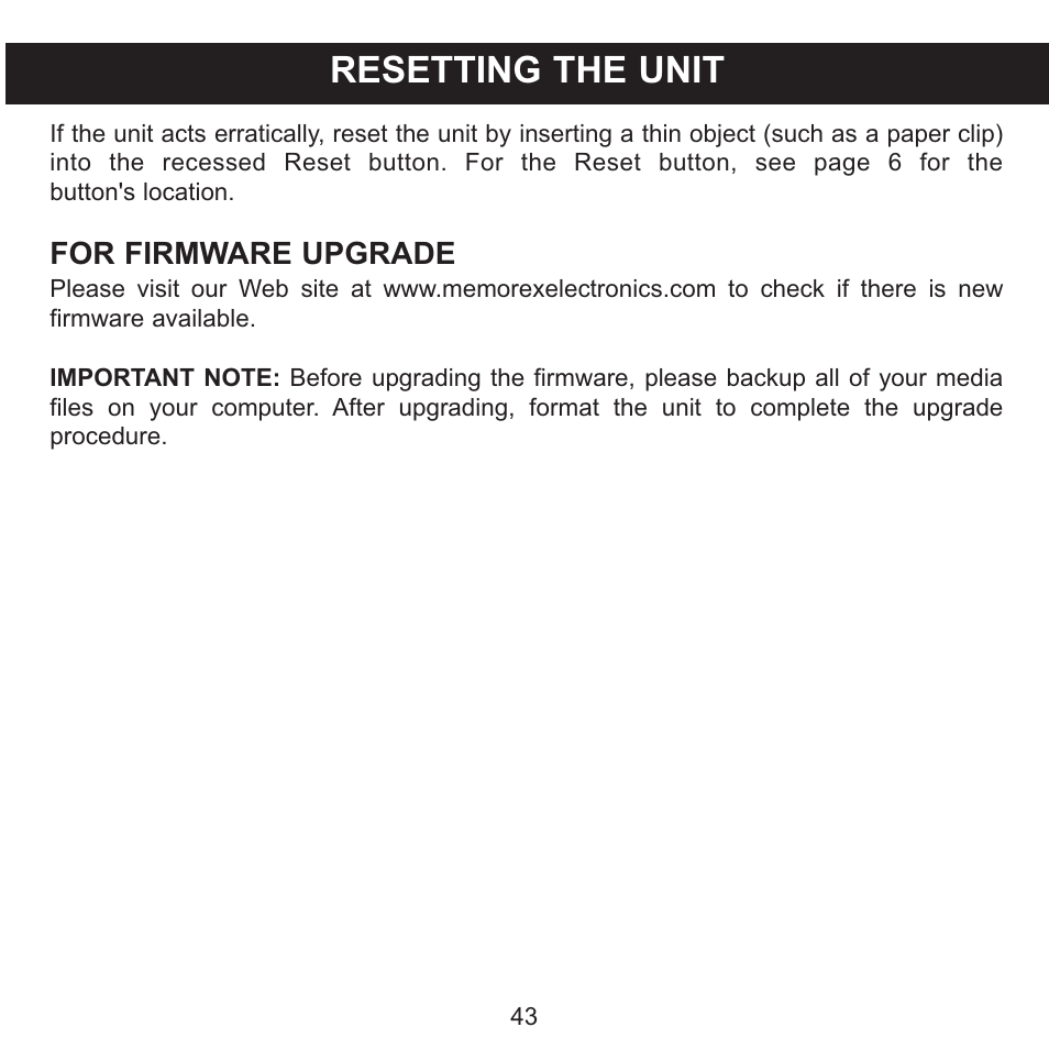 Resetting the unit, For firmware upgrade | Memorex MMP8568-SPT User Manual | Page 44 / 92