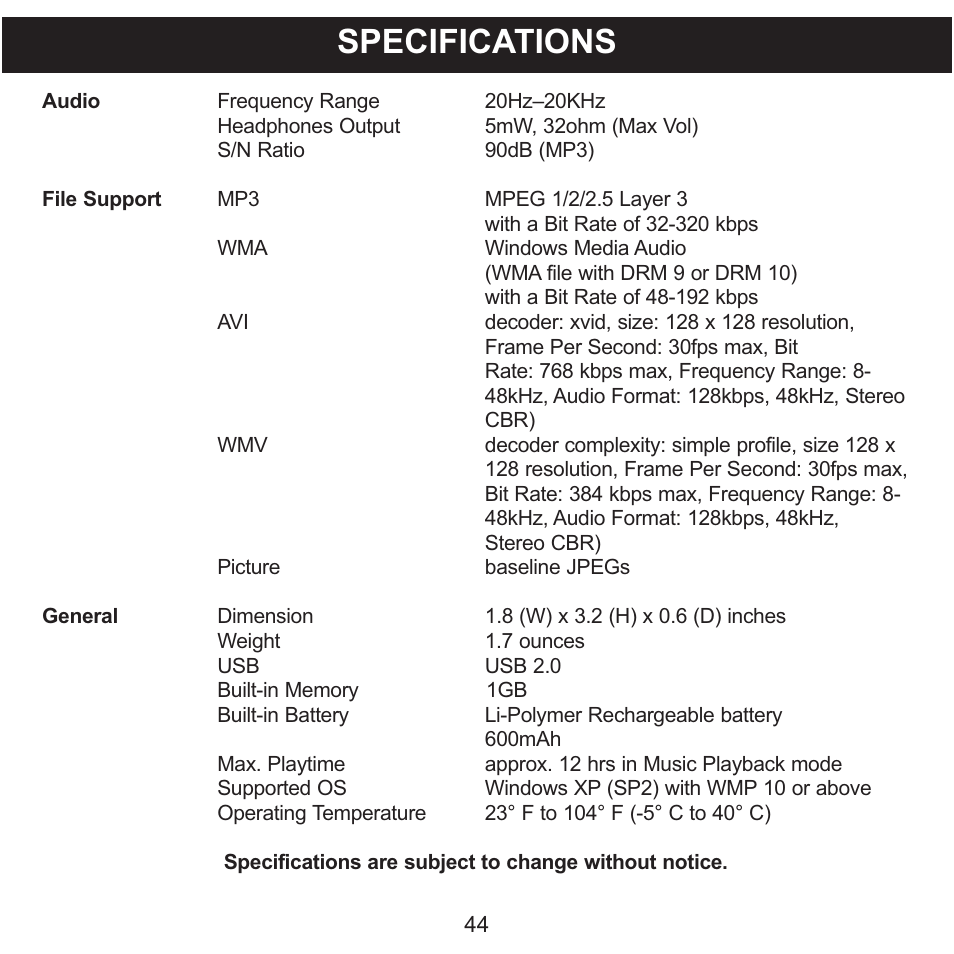 Specifications | Memorex MMP8568-SPT User Manual | Page 45 / 92