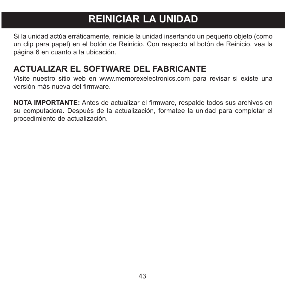 Reiniciar la unidad, Actualizar el software del fabricante | Memorex MMP8568-SPT User Manual | Page 89 / 92