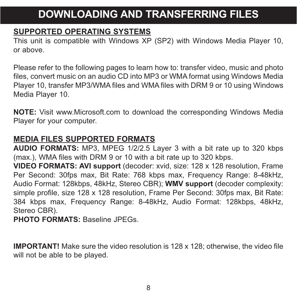 Downloading and transferring files | Memorex MMP8568-SPT User Manual | Page 9 / 92